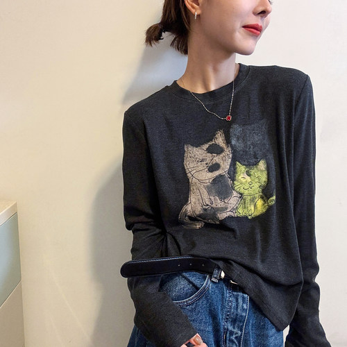 小猫印花面膜长袖T恤女欧洲站潮