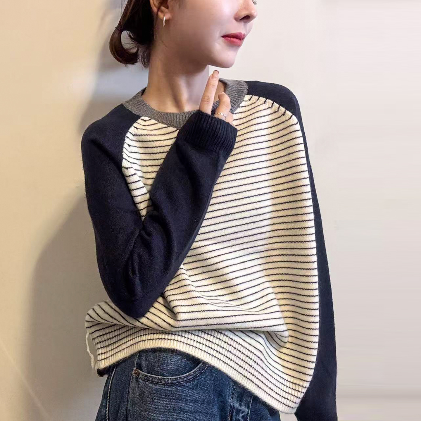 撞色条纹插肩袖羊毛针织衫女欧货