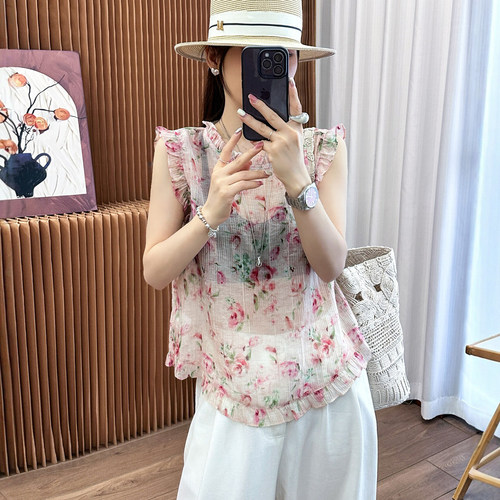 复古印花飞飞袖麻料衬衫女欧洲站