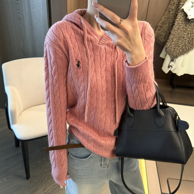 刺绣连帽麻花纹羊毛针织衫女欧货