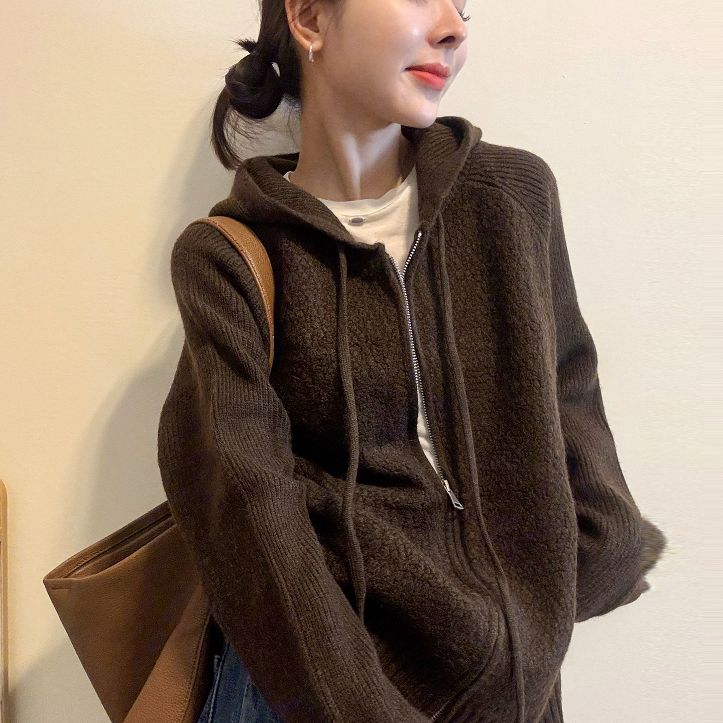 豆豆纱连帽羊毛针织开衫女欧洲站