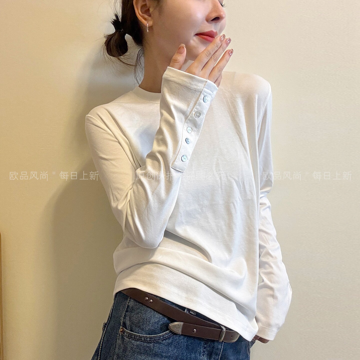 设计感纽扣长袖T恤女欧洲站上衣