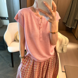 小飞袖剪刀领冰丝针织衫女欧洲站
