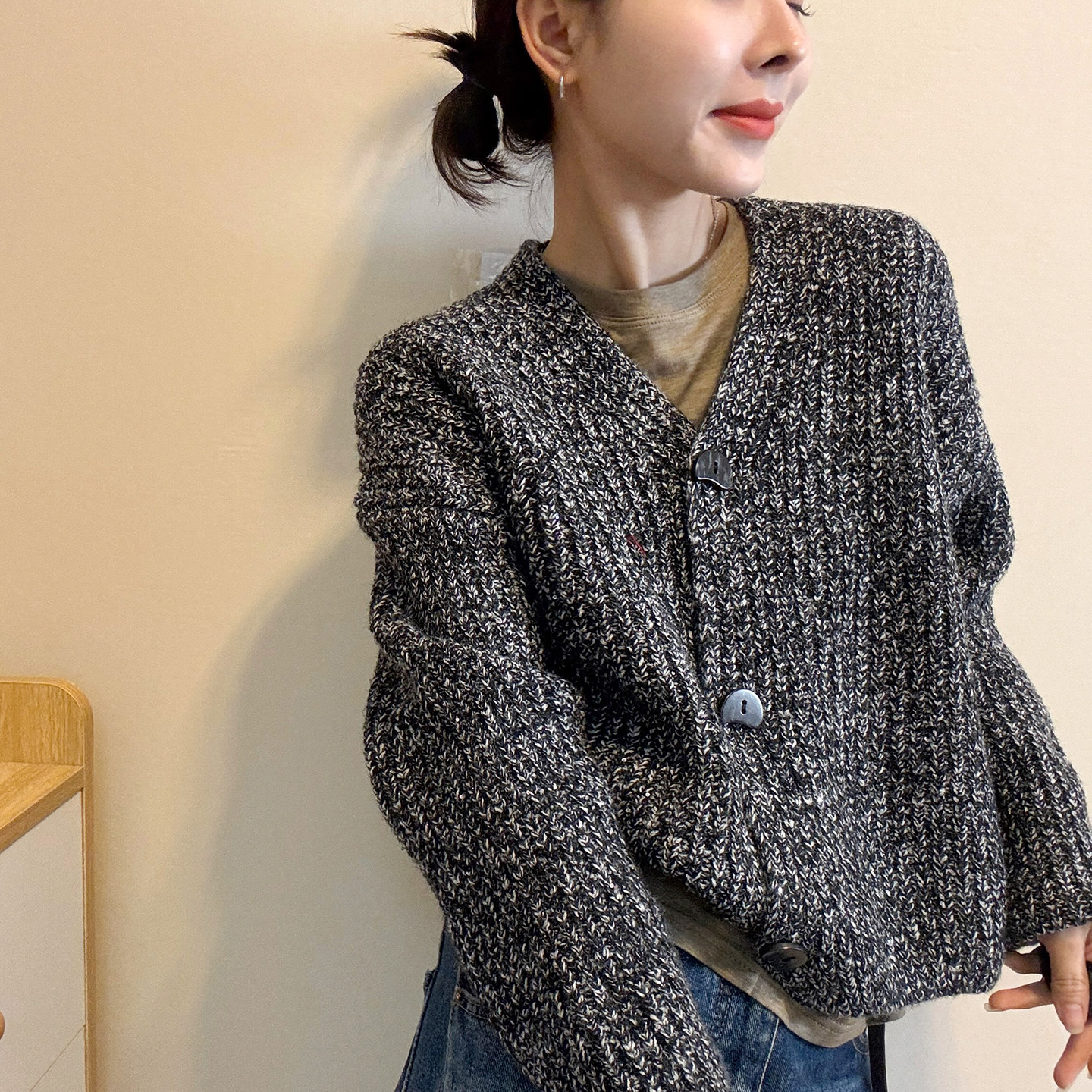 复古杂线V领羊毛针织开衫女欧货