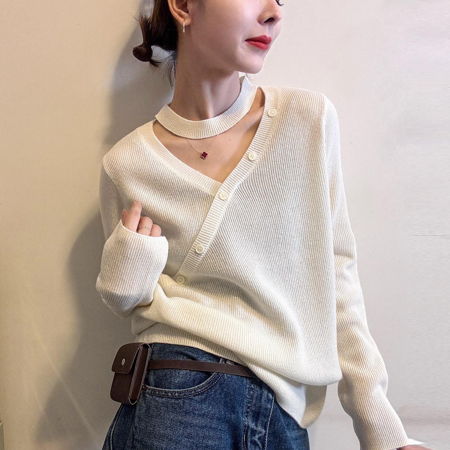 镂空挂脖羊毛针织衫上衣女欧洲站