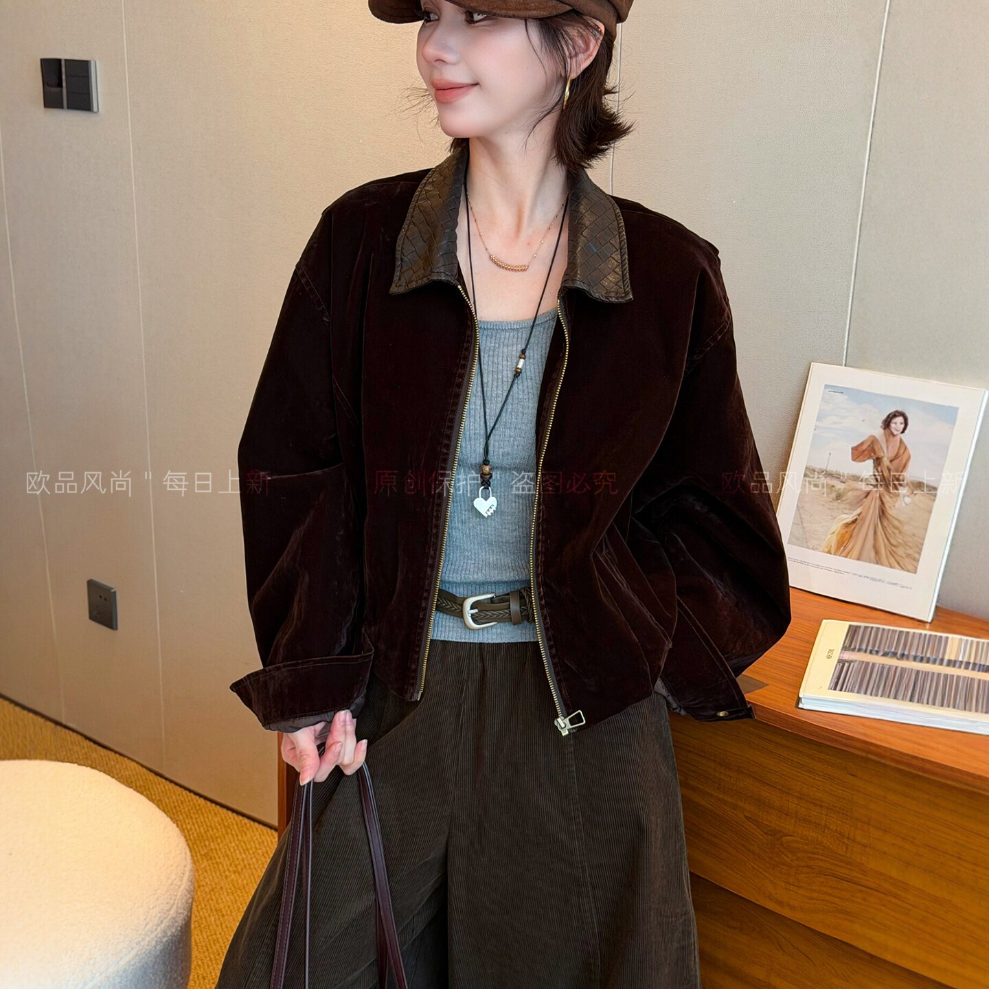 复古翻领金丝绒棒球服外套女欧货