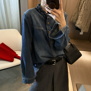 木耳花边领牛仔衬衫女欧洲站2025冬装新款欧货女装时尚洋气上衣潮