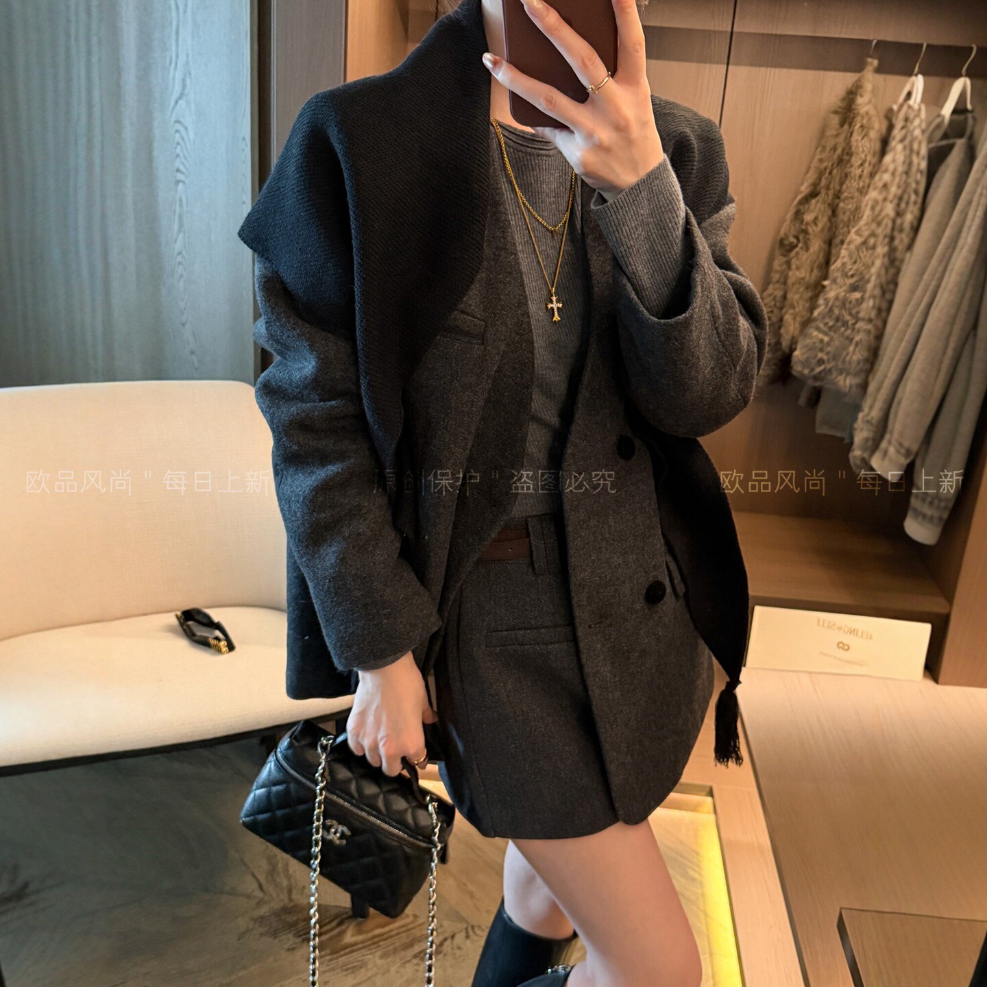 配披肩羊毛呢加棉西装外套女欧货