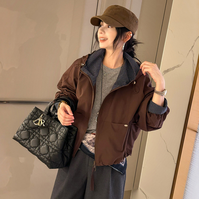 撞色格子翻领工装外套女欧洲站潮