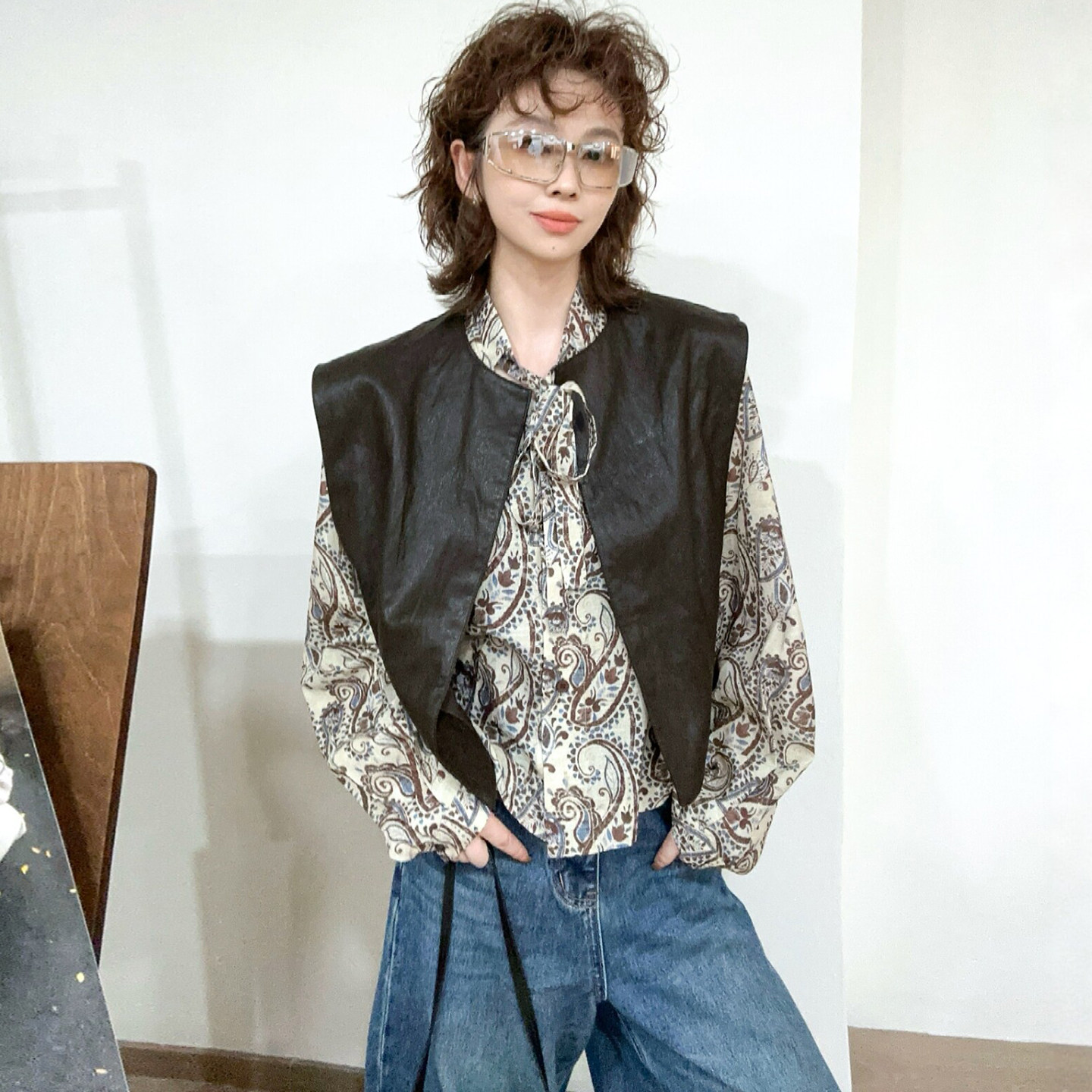 复古蛋白皮马甲外套衬衫两件套女