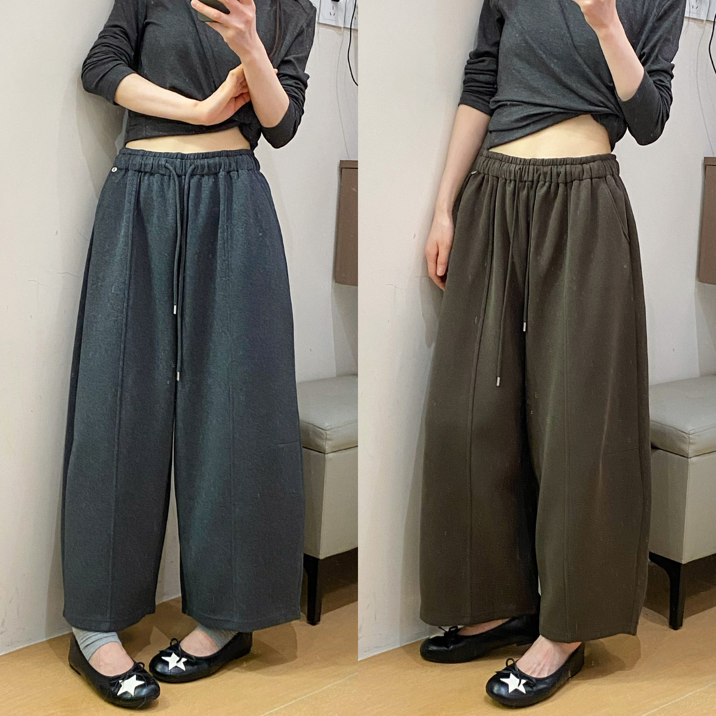 贝壳扣羊毛呢九分阔腿裤女欧洲站