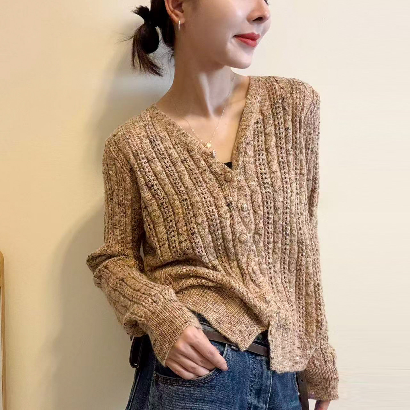 复古杂线V领羊毛针织开衫女欧货