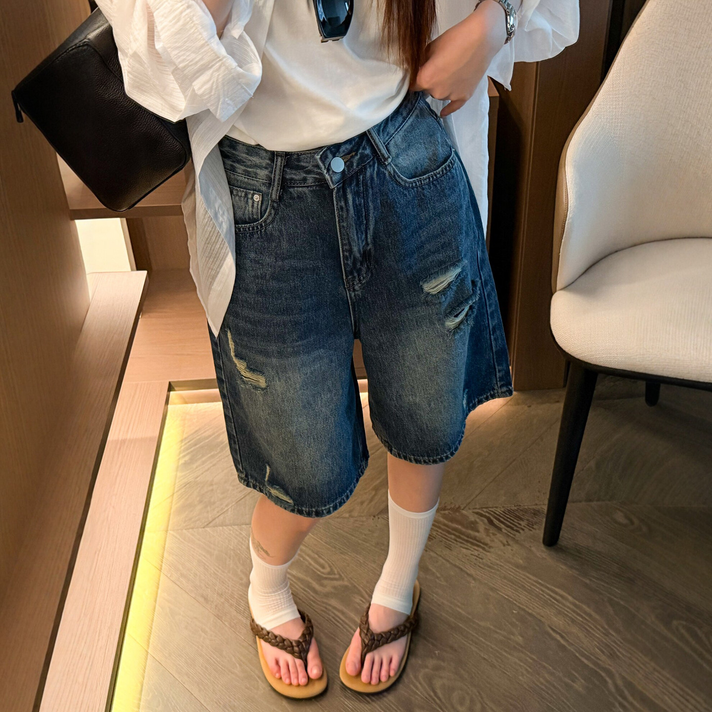 复古破洞阔腿牛仔中裤女欧洲站2026夏季新款欧货女装五分裤短裤潮
