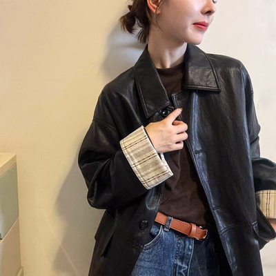 复古翻领蛋白皮PU风衣外套女欧货