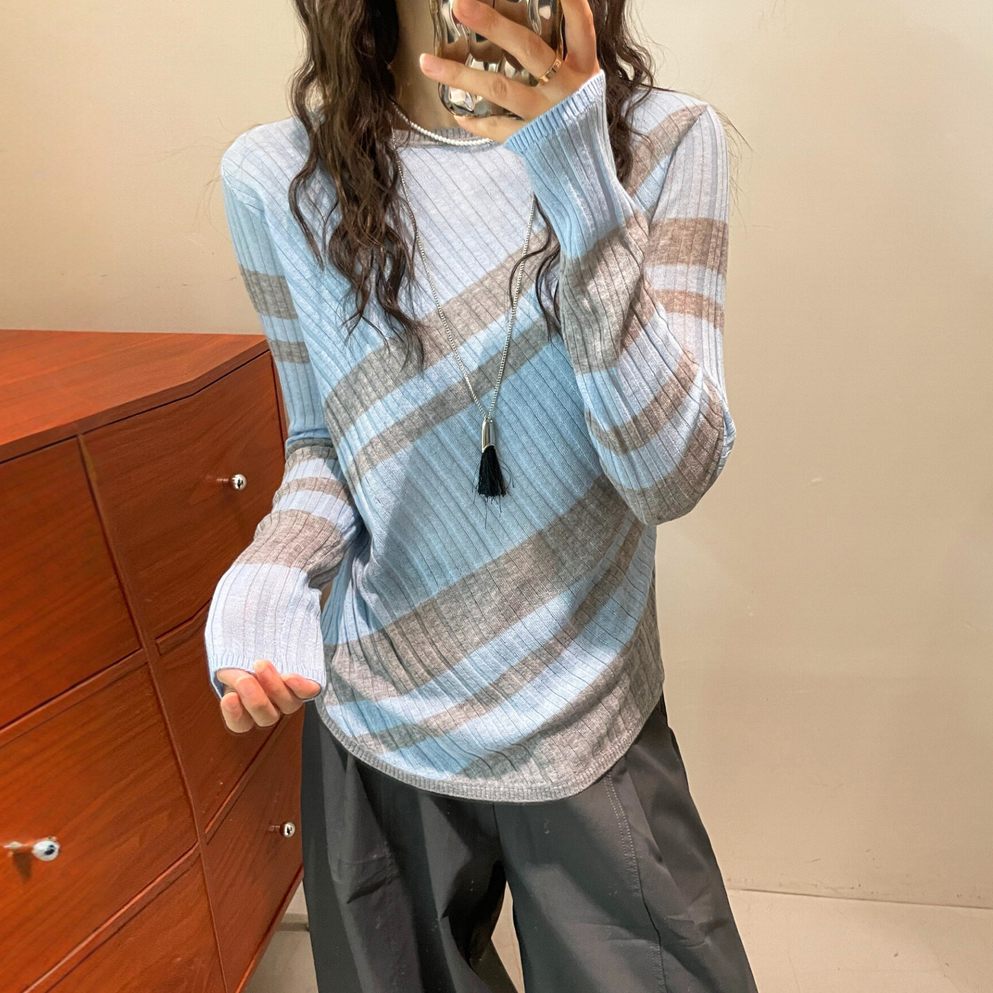 不规则条纹细羊毛针织衫女欧洲站
