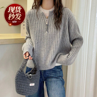 时尚 复古坑条V领羊绒针织衫 欧货女装 新款 毛衣潮 女欧洲站2025冬装