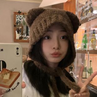 Vva 保暖护耳帽针 Kataki希因帽业系绳可爱小熊耳朵毛绒帽子女冬季