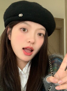 Vva Kataki黑色贝雷帽韩系大头围显脸小2024年画家帽子女秋季羊毛