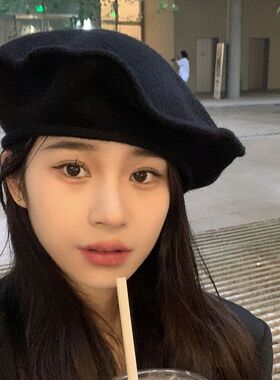 Vva Kataki贝雷帽女日系不规则褶皱黑色画家帽复古气质秋冬新款帽