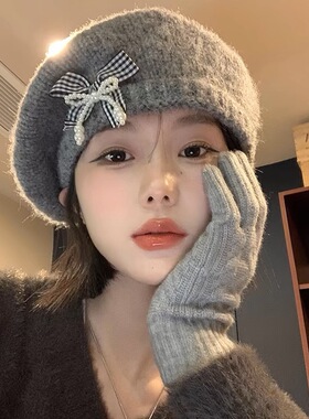 Vva Kataki蝴蝶结灰色贝雷帽子女秋冬款保暖针织毛绒画家帽大头围