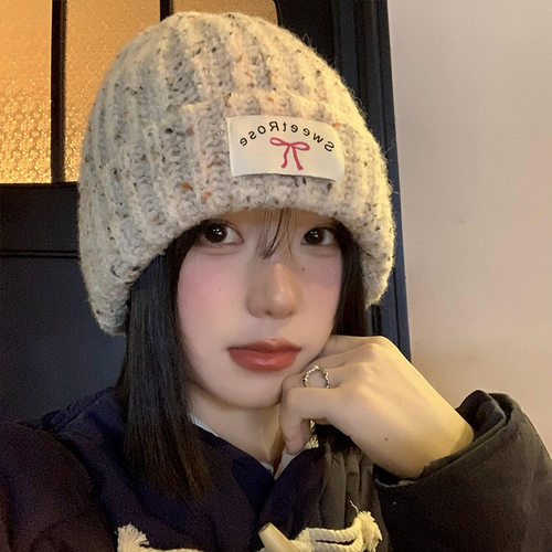 Vva Kataki韩版蝴蝶结贴布保暖针织毛线帽女2024年秋冬冷帽显脸小