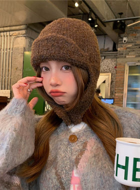 Vva Kataki韩国设计师针织圈圈羊毛可爱飞行帽女冬白色护耳保暖毛