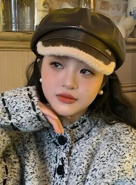 Vva Kataki日系黑色报童帽大头围帽子加绒加厚鸭舌贝雷帽pu皮质八