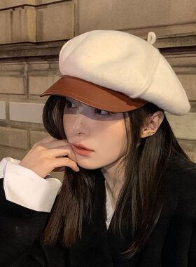 Vva Kataki秋冬羊毛呢八角帽ins黑色贝雷帽女韩版pu皮檐报童帽英