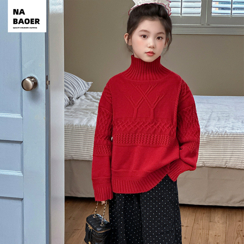 女童半高领麻花纹毛衣2025新款冬装加厚洋气红色针织衫内搭打底衫