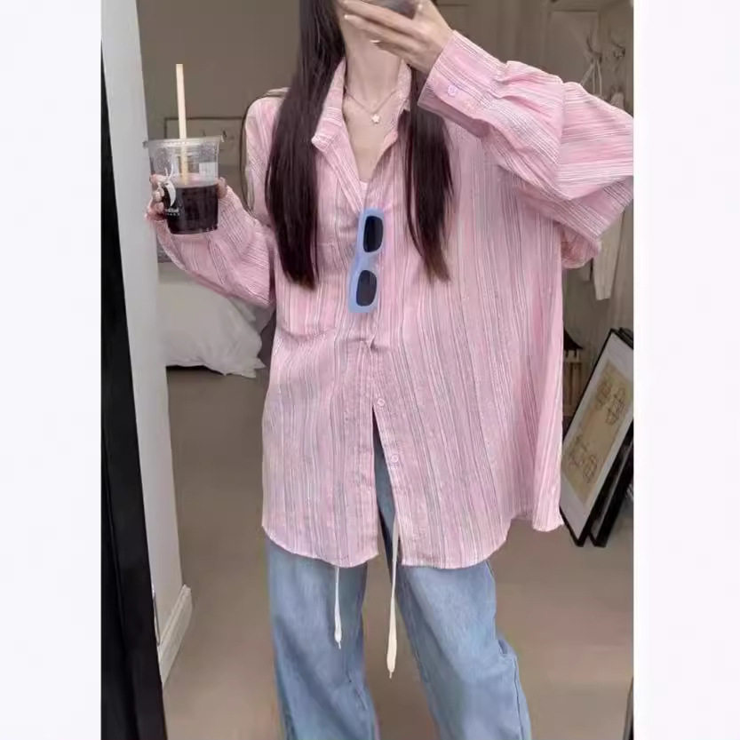 夏季薄款甜美嫩粉色条纹防晒衬衫衬衫