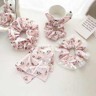 原创手作花朵发饰法式 少女大肠圈蕾丝发圈蝴蝶结方巾发绳皮筋头饰