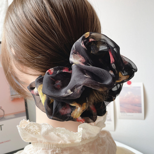 新款 发饰雪纺印花大肠发圈女黑色发绳大号后脑勺头饰盘发丸子头花