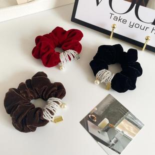 法式 发饰气质珍珠皮筋盘发绳丸子头饰 高级感丝绒大肠发圈秋日新款