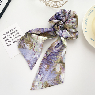莫奈油画飘带大肠圈缎面发圈度假风发饰复古发绳紫色头绳法式 发带