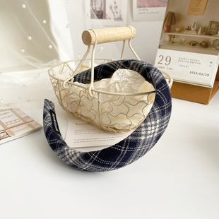 复古深蓝格子布艺发箍女2025新款 发饰高颅顶头箍压发简约气质头饰