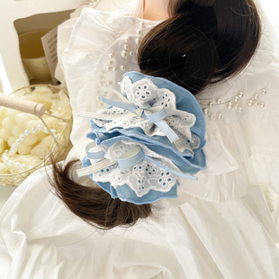 日系少女高品质牛仔棉艺蕾丝发圈头饰高弹扎头发饰后脑勺盘发头绳