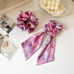 高级感绸缎大肠圈复古玫红发圈女原创发饰蝴蝶结发绳飘带头绳头饰