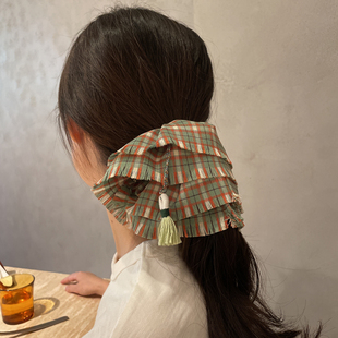 复古格纹流苏大肠发圈女新款 发饰丸子头绳高马尾扎头发皮筋盘发绳