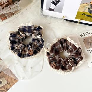 2025新款 发饰复古格纹大肠发圈女蕾丝花边头绳马尾丸子头饰盘发绳