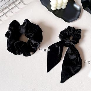 高级感黑色丝绒大肠发圈女法式 复古发饰气质蝴蝶结发绳飘带头绳
