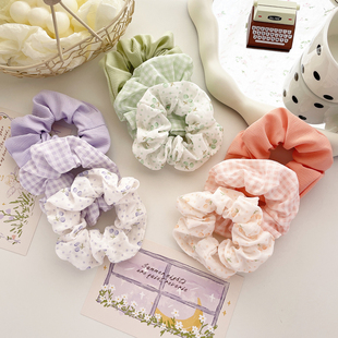 春日发饰绿色格子大肠发圈女2024新款 皮筋碎花发绳头饰盘发扎头花