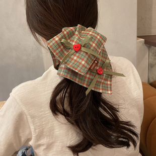 红绿格子方巾发圈女原创手作发饰大肠圈高马尾发绳蝴蝶结丸子头绳