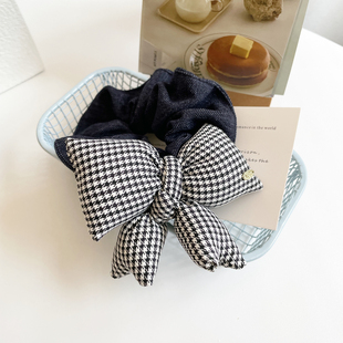 日系可爱发饰牛仔蝴蝶结大肠圈女填充泡泡棉发圈格子发绳丸子头饰