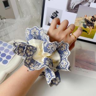 高级感复古蓝色大肠圈蕾丝花边发圈大号韩国发饰气质发绳丸子头饰