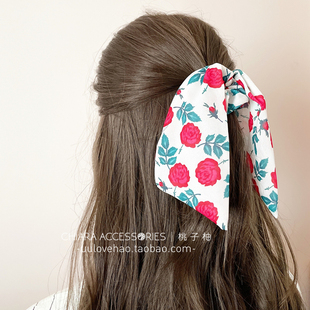 法式 复古发饰红玫瑰花朵大肠圈发圈蝴蝶结发圈飘带发绳头饰女头花