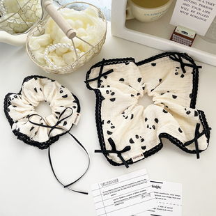 原创手作发饰熊猫花边大肠发圈蝴蝶结方巾发绳麻花辫丸子头饰皮筋