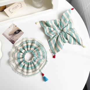 ins风条纹方巾发圈女蓝绿色条纹大肠圈流苏发绳丸子头饰马尾头绳
