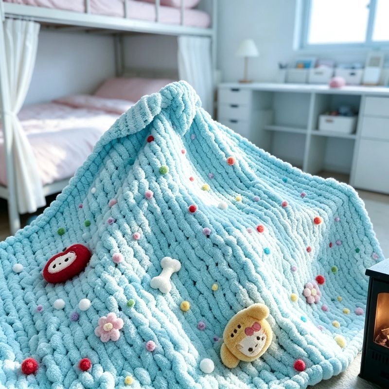 【手工成品现货】可爱kitty彩色毛球手工编织芝士毯子沙发毯礼物