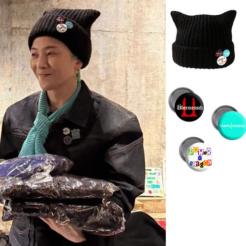 GD权志龙ins同款猫耳朵徽章power春秋冬保暖2025男女针织帽子新款