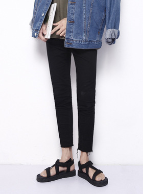 GD权志龙同款裤子夏季韩版修身夸张九分乞丐破洞牛仔裤男士黑色潮